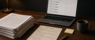 Стопка документов и ноутбук с пошаговым брифом вечером
