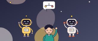 Кудрявый парень между жёлтым и белым роботами думает, кого выбрать, — над ним облачко с весами