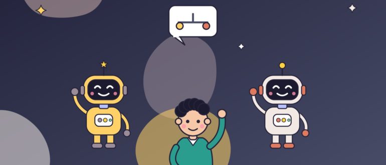 Кудрявый парень между жёлтым и белым роботами думает, кого выбрать, — над ним облачко с весами