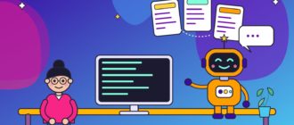 Девушка за столом с монитором, рядом оранжевый робот раскладывает карточки-инструкции и готовит ответ