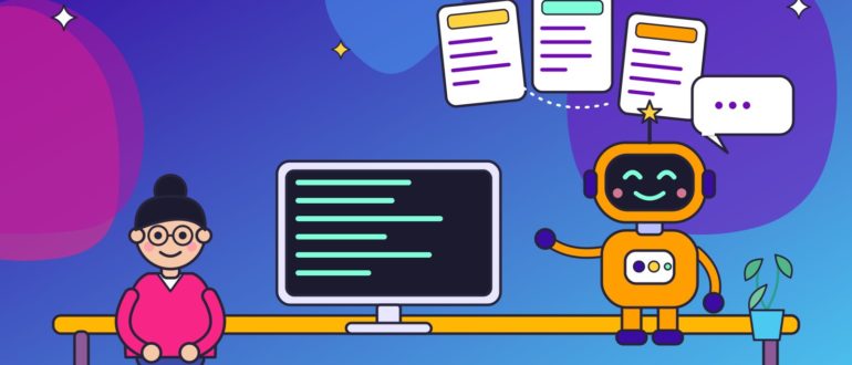 Девушка за столом с монитором, рядом оранжевый робот раскладывает карточки-инструкции и готовит ответ